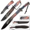 American Patriot Knife Set - Includes Bowie, Pocket Knife And Machete, American Flag Artwork, Stainless Steel Blades