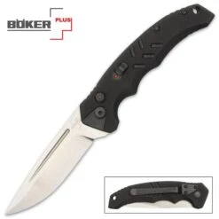 Boker Plus Black Intention Pocket Knife - D2 Tool Steel Blade, G10 Handle, Push Button Opening, Slide Lock - Length 7 4/5”
