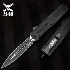 M48 Spear Point Automatic OTF Knife - Stainless Steel Blade, TPU Handle, Slide Trigger, Pocket Clip - Closed 5 3/4"