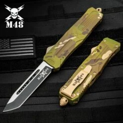 M48 Camo Automatic OTF Knife - Stainless Steel Blade, Cerakote Coated TPU Handle, Slide Trigger, Pocket Clip - Length 9 1/2"