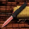 Red And Black OTF Automatic Knife And Sheath - Stainless Steel Blade, Metal Alloy Handle - Length 8 3/4"