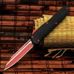 Red And Black OTF Automatic Knife And Sheath - Stainless Steel Blade, Metal Alloy Handle - Length 8 3/4"