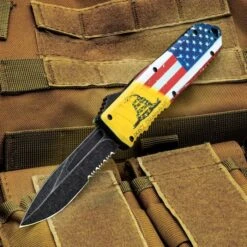 Don't Tread On Me OTF Automatic Knife And Sheath - Stainless Steel Blade, 3D-Printed Metal Handle, Pocket Clip