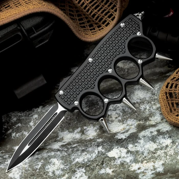 Spiked OTF Automatic Knuckle Knife - Stainless Steel Blade, Aircraft-Grade Aluminum, Pocket Clip - Closed 5 1/4" 1 Spiked OTF Automatic Knuckle Knife - Stainless Steel Blade, Aircraft-Grade Aluminum, Pocket Clip - Closed 5 1/4"