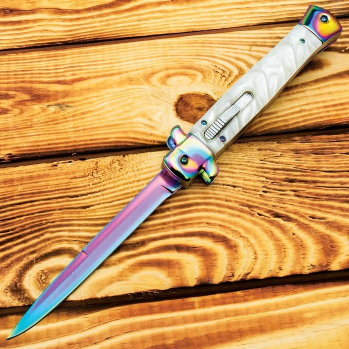 Rainbow Stiletto OTF Automatic Knife And Sheath - Stainless Steel Blade, Acrylic Handle - Length 11" 1 Rainbow Stiletto OTF Automatic Knife And Sheath - Stainless Steel Blade, Acrylic Handle - Length 11"