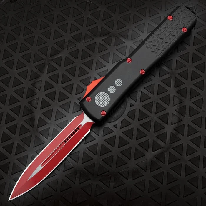 Digi-Red OTF Automatic Knife And Sheath - Stainless Steel Blade, Aluminum Handle, Pocket Clip - Length 8 3/4" 1 Digi-Red OTF Automatic Knife And Sheath - Stainless Steel Blade, Aluminum Handle, Pocket Clip - Length 8 3/4"