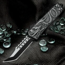 Knife Series Shop 25 Dragon And Skull OTF Automatic Knife And Sheath - Stainless Steel Blade, Aircraft Aluminum Handle - Length 9"