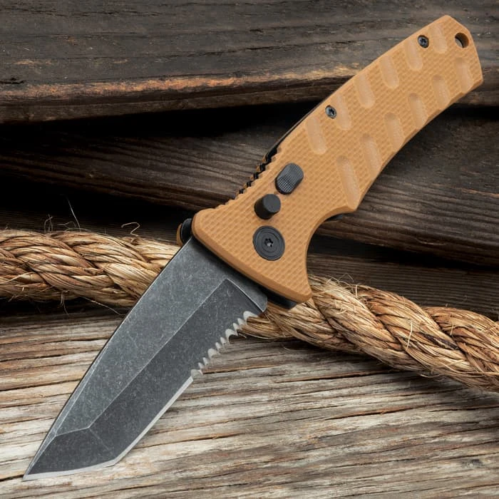 Bronze Serrated Automatic Knife - Stainless Steel Blade, G10 Handle, Safety Lock, Pocket Clip - Length 8" 1 Bronze Serrated Automatic Knife - Stainless Steel Blade, G10 Handle, Safety Lock, Pocket Clip - Length 8"