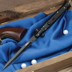 Automatic Italian Black Stiletto Knife With Pouch - Stainless Steel Blade, ABS Handle, Brass Pins - Length 13"