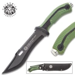 Colombian Bogota Survival Fixed Blade Knife With Sheath - Stainless Steel Blade, Serrations, Grippy TPR Handle - Length 12 7/10”