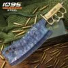 Combat Cleaver Trench Knife And Sheath - Fire Kissed 1095 Carbon Steel Blade, Brass Knuckle Guard Handle, Distressed Finish - Length 15”