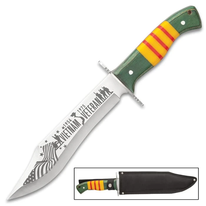 Vietnam Veteran Bowie Knife And Sheath - Stainless Steel Blade, Wooden Handle Scales, Stainless Steel Pins - Length 15” 1 Vietnam Veteran Bowie Knife And Sheath - Stainless Steel Blade, Wooden Handle Scales, Stainless Steel Pins - Length 15”