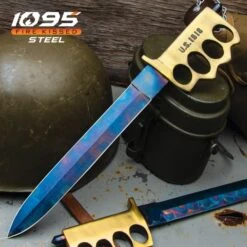 Combat Toothpick Knife And Sheath - Fire Kissed 1095 Carbon Steel Blade, Brass Knuckle Guard Handle, Distressed Finish