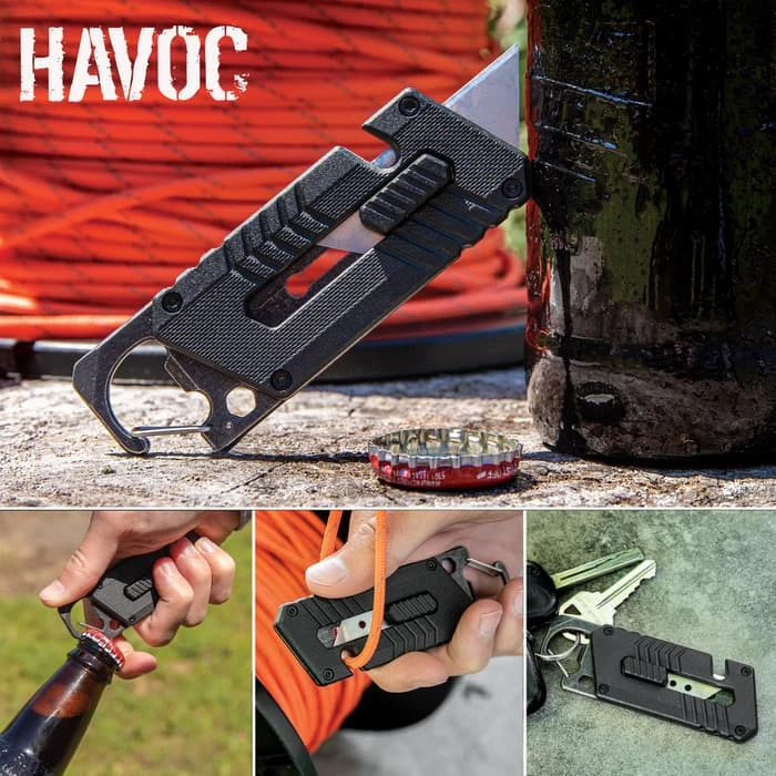 Havoc Utility Knife - Stainless Steel Blade, Nylon Fiber And Steel Handle, Integrated Carabiner, Slide Trigger - Closed Length 4” 1 Havoc Utility Knife - Stainless Steel Blade, Nylon Fiber And Steel Handle, Integrated Carabiner, Slide Trigger - Closed Length 4”