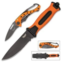 Rigid Two-Piece Rescue Knife Set - Includes Tactical Fixed Blade With Sheath And Pocket Knife, Stainless Steel Blades