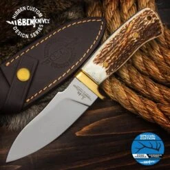 Special Edition Hibben Stag Chugach Hunter Knife With Sheath - German Steel Blade, Genuine Stag Handle, Brass Hand Guard