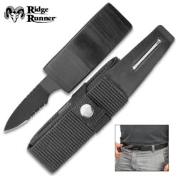 Ridge Runner Black Belt With Hidden Knife - Adjustable Canvas Belt, TPU Buckle, Black Stainless Steel Partially Serrated Blade,