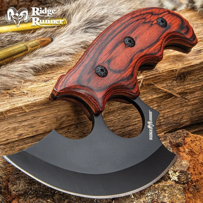 Ridge Runner Modified Ulu Knife With Sheath - Stainless Steel Blade, Full-Tang, Non-Reflective, Wooden Handle Scales - Length 6 1/2” 1 Ridge Runner Modified Ulu Knife With Sheath - Stainless Steel Blade, Full-Tang, Non-Reflective, Wooden Handle Scales - Length 6 1/2”
