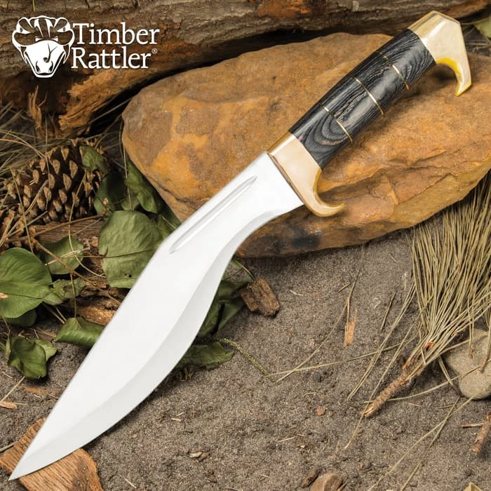 Timber Rattler Grey Gurkha Kukri And Sheath - Stainless Steel Blade, Pakkawood Handle, Brass Pommel - Length 16 1/2” 1 Timber Rattler Grey Gurkha Kukri And Sheath - Stainless Steel Blade, Pakkawood Handle, Brass Pommel - Length 16 1/2”