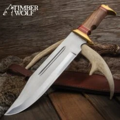 Timber Wolf Canberra Bowie Knife And Sheath - Stainless Steel Blade, Wooden Handle, Brass Pommel And Guard - Length 17”