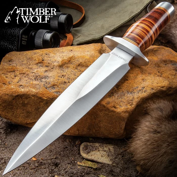 Timber Wolf Leather Fighter Dagger With Sheath - Stainless Steel Blade, Banded Leather Handle, Stainless Steel Guard - Length 13” 1 Timber Wolf Leather Fighter Dagger With Sheath - Stainless Steel Blade, Banded Leather Handle, Stainless Steel Guard - Length 13”