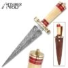 Timber Wolf Karnak Temple Dagger And Sheath - Fire Pattern Damascus Steel Blade, Natural Bone Handle, Brass Guard - Length 14 1/4”