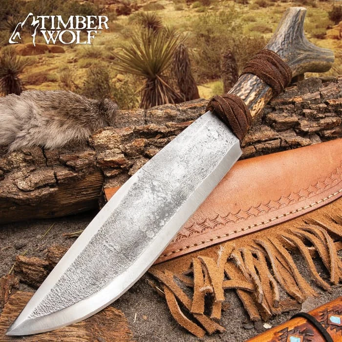 Timber Wolf Antler Fork Bowie Knife With Sheath - High Carbon Steel Blade, Genuine Horn Handle, Leather Accents - Length 14” 1 Timber Wolf Antler Fork Bowie Knife With Sheath - High Carbon Steel Blade, Genuine Horn Handle, Leather Accents - Length 14”