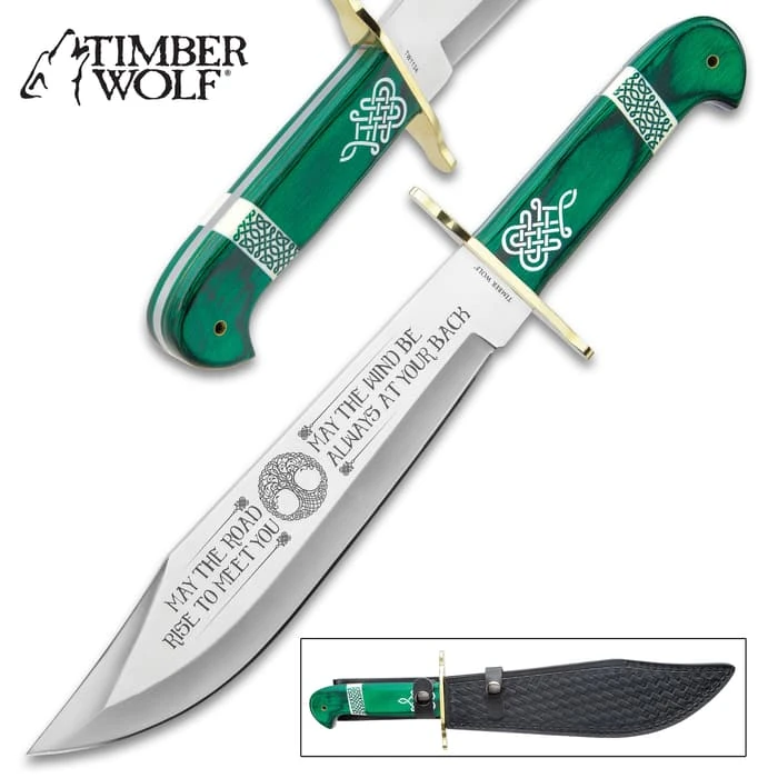 Timber Wolf Celtic Heritage Bowie Knife And Sheath - Stainless Steel Blade, Themed Etchings, Pakkawood Handle Scales, Brass Guard - Length 16” 1 Timber Wolf Celtic Heritage Bowie Knife And Sheath - Stainless Steel Blade, Themed Etchings, Pakkawood Handle Scales, Brass Guard - Length 16”