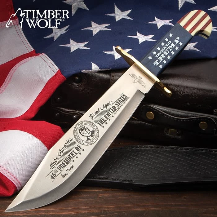 Timber Wolf Limited Edition Trump Bowie Knife And Sheath - Stainless Steel Blade, Wooden Handle Scales, Brass Guard - Length 16” 1 Timber Wolf Limited Edition Trump Bowie Knife And Sheath - Stainless Steel Blade, Wooden Handle Scales, Brass Guard - Length 16”
