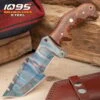 Timber Wolf Trial By Fire Tracker Knife And Sheath - 1095 Fire Kissed Carbon Steel Blade, Hardwood Handle, Brass Pins - Length 9 1/2”