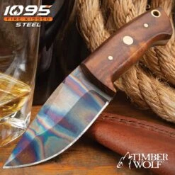 Timber Wolf Trial By Fire Skinner Knife And Sheath - 1095 Fire Kissed Carbon Steel Blade, Hardwood Handle, Brass Pins - Length 6 1/4”