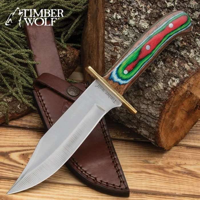 Timber Wolf Rainbow Knife And Sheath - Stainless Steel Blade, Pakkawood Handle Scales, Brass Guard - Length 10 3/4” 1 Timber Wolf Rainbow Knife And Sheath - Stainless Steel Blade, Pakkawood Handle Scales, Brass Guard - Length 10 3/4”