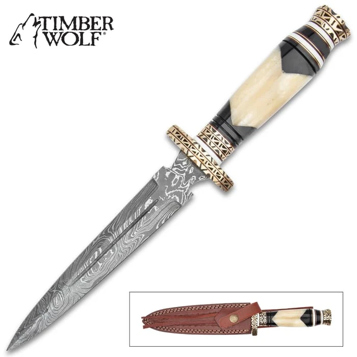 Timber Wolf Zulu Dagger And Sheath - Damascus Steel Blade, Bone Handle, Fileworked Guard And Pommel - Length 12 3/4” 1 Timber Wolf Zulu Dagger And Sheath - Damascus Steel Blade, Bone Handle, Fileworked Guard And Pommel - Length 12 3/4”