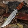 Timber Wolf Territories Trader Knife And Sheath - Damascus Steel Blade, Leather Handle, Damascus Steel Guard And Pommel - Length 12”