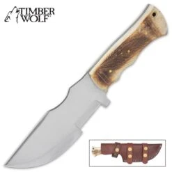 Timber Wolf Samburu Knife And Sheath - Stainless Steel Blade, Bone Handle, Lanyard Hole - Length 10”