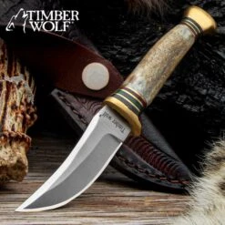 Timber Wolf Mini Trail Knife And Sheath - Stainless Steel Blade, Stag Handle, Brass Pommel - Length 6 1/4”