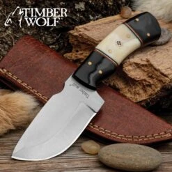 Timber Wolf River Run Skinner Knife And Sheath - High Carbon Steel Blade, Bone Handle, Fileworked Spacers, Brass Pins - Length 8 1/2”