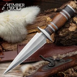 Timber Wolf Fur Trapper Dagger And Sheath - Stainless Steel Blade, Wood And Resin Handle - Length 12"
