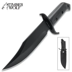 Timber Wolf Blackout Bowie Knife And Sheath - Black 3Cr13 Stainless Steel Blade, Wooden Handle Scales - Length 12 1/2”