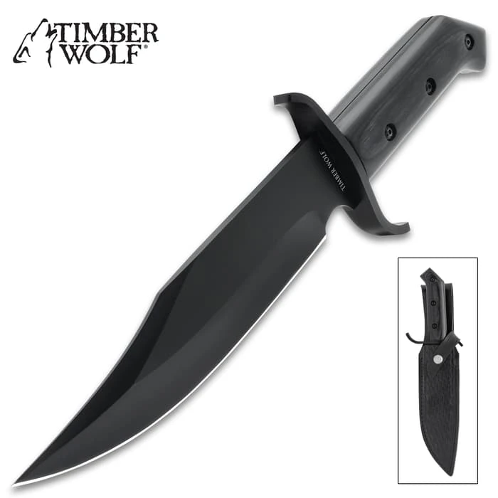 Timber Wolf Blackout Bowie Knife And Sheath - Black 3Cr13 Stainless Steel Blade, Wooden Handle Scales - Length 12 1/2” 1 Timber Wolf Blackout Bowie Knife And Sheath - Black 3Cr13 Stainless Steel Blade, Wooden Handle Scales - Length 12 1/2”