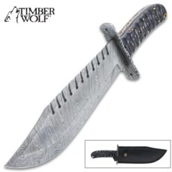 Timber Wolf Shark Back Knife And Sheath - Damascus Steel Blade, Wooden Handle, Lanyard Hole - Length 15 1/2"