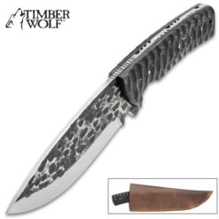 Timber Wolf Blacksmith Knife And Sheath - Hammered Steel Blade, Resin Handle, Stainless Steel Pins - Length 10"