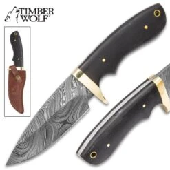 Timber Wolf Bear River Damascus Skinner Fixed Blade Knife With Leather Sheath