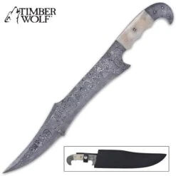 Timber Wolf Sheik Machete And Sheath - Damascus Steel Blade, Damascus Steel Handle, Bone Handle Scales - Length 17”