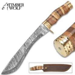 Timber Wolf Primeval Canyon Machete And Sheath - Damascus Steel Blade, Walnut Wood Handle, Brass Handguard - Length 15 1/4”