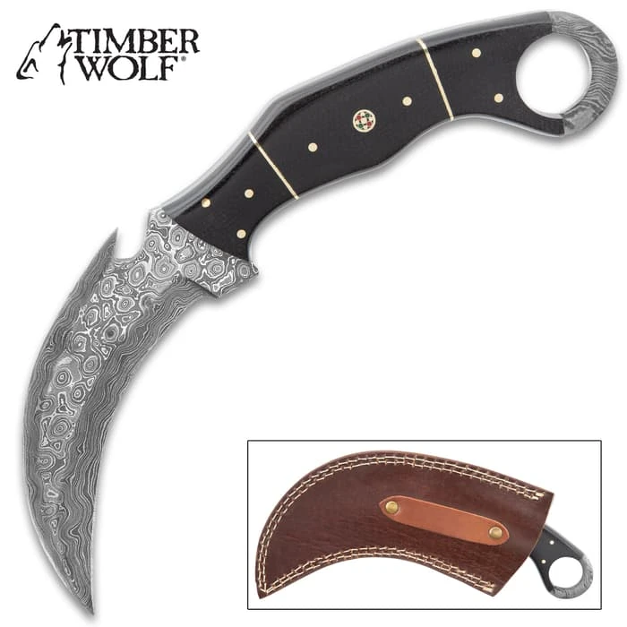 Timber Wolf Attila Karambit Knife - Damascus Steel Blade, Full-Tang, Micarta Handle Scales, Open-Ring Pommel - Length 9” 1 Timber Wolf Attila Karambit Knife - Damascus Steel Blade, Full-Tang, Micarta Handle Scales, Open-Ring Pommel - Length 9”