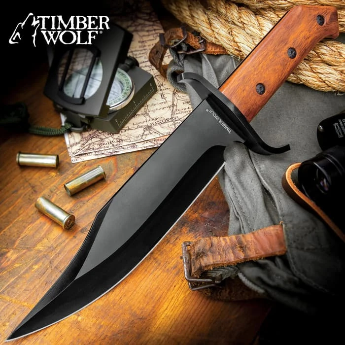 Timber Wolf ClaimStaker Bowie Knife And Sheath - 3Cr13 Stainless Steel Black Blade, Full-Tang, Wooden Handle - Length 12 1/2” 1 Timber Wolf ClaimStaker Bowie Knife And Sheath - 3Cr13 Stainless Steel Black Blade, Full-Tang, Wooden Handle - Length 12 1/2”
