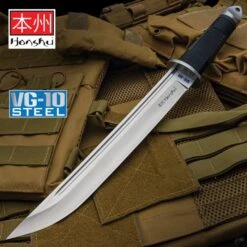 United Cutlery VG-10 Honshu Tanto Knife And Leather Sheath - VG-10 Steel Blade, TPR Handle, Stainless Steel Guard And Pommel
