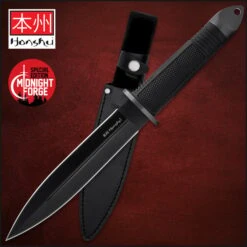 Honshu Midnight Forge Fighter Knife And Sheath - Stainless Steel Blade, Rubberized Grip, Steel Guard - Length 13 1/4”