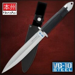 Honshu VG-10 Fighter Knife And Sheath - VG-10 Steel Blade, Rubberized Grip, Steel Guard - Length 13 1/4”